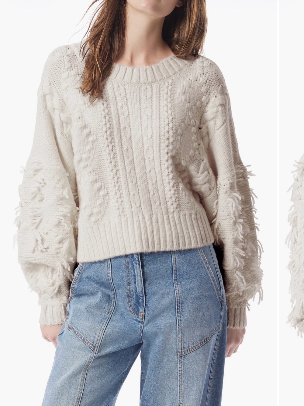 Cozy Fringe Cable-Back Crewneck Sweater in Cream